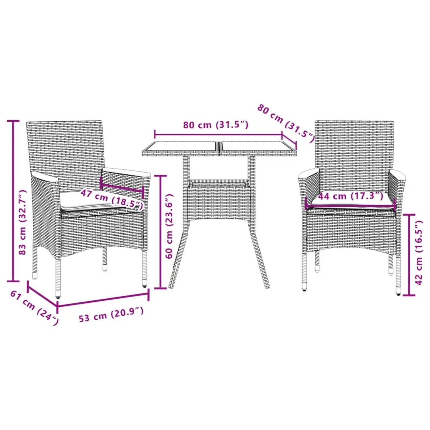 vidaXL 3-Tlg. Garten-Essgruppe, schwarz, Rattan mit Glasplatte. Gartenmöbel-Set mit Tisch und 2 Stühlen.
