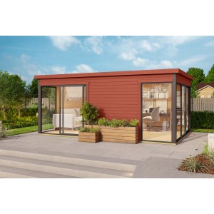 Lasita Maja Gartenhaus Domeo 3 in Schwedenrot mit großen Glasfronten und Terrasse.