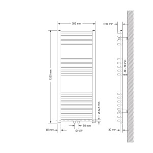 Technische Zeichnung: Weißer ECD Germany Badheizkörper 500x1200mm mit Anschlussmaßen.