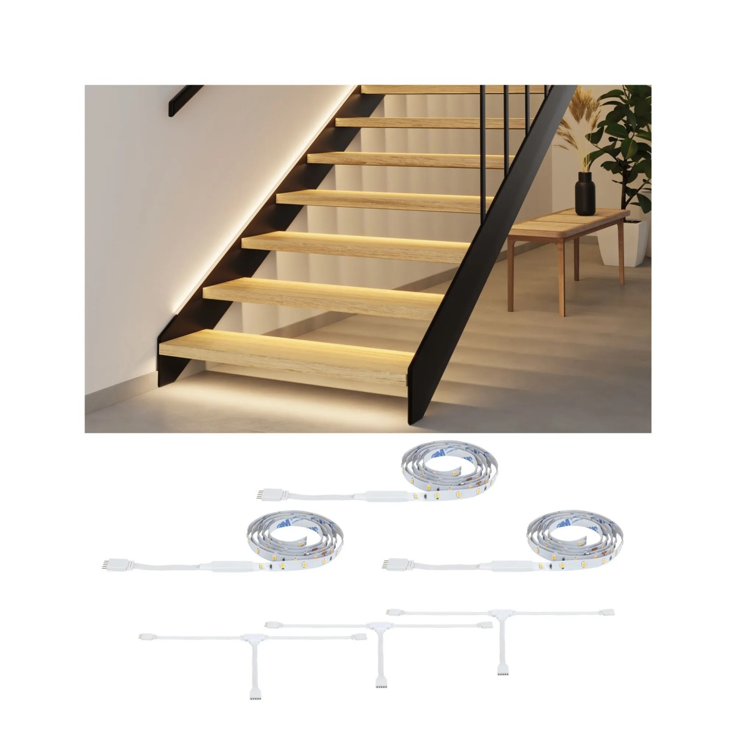 Paulmann MaxLED Stair LED-Strip-Erweiterung: 3x1m Strips, Verteiler. Beleuchtete Holztreppe mit warmweißem Licht.