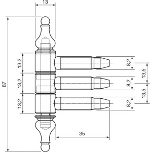 Techn. Zeichnung Sfs Fenster-Einbohrband aus weißem Stahl mit 3-Stufengewindebolzen, 87 mm Höhe. Fenster-Zubehör.