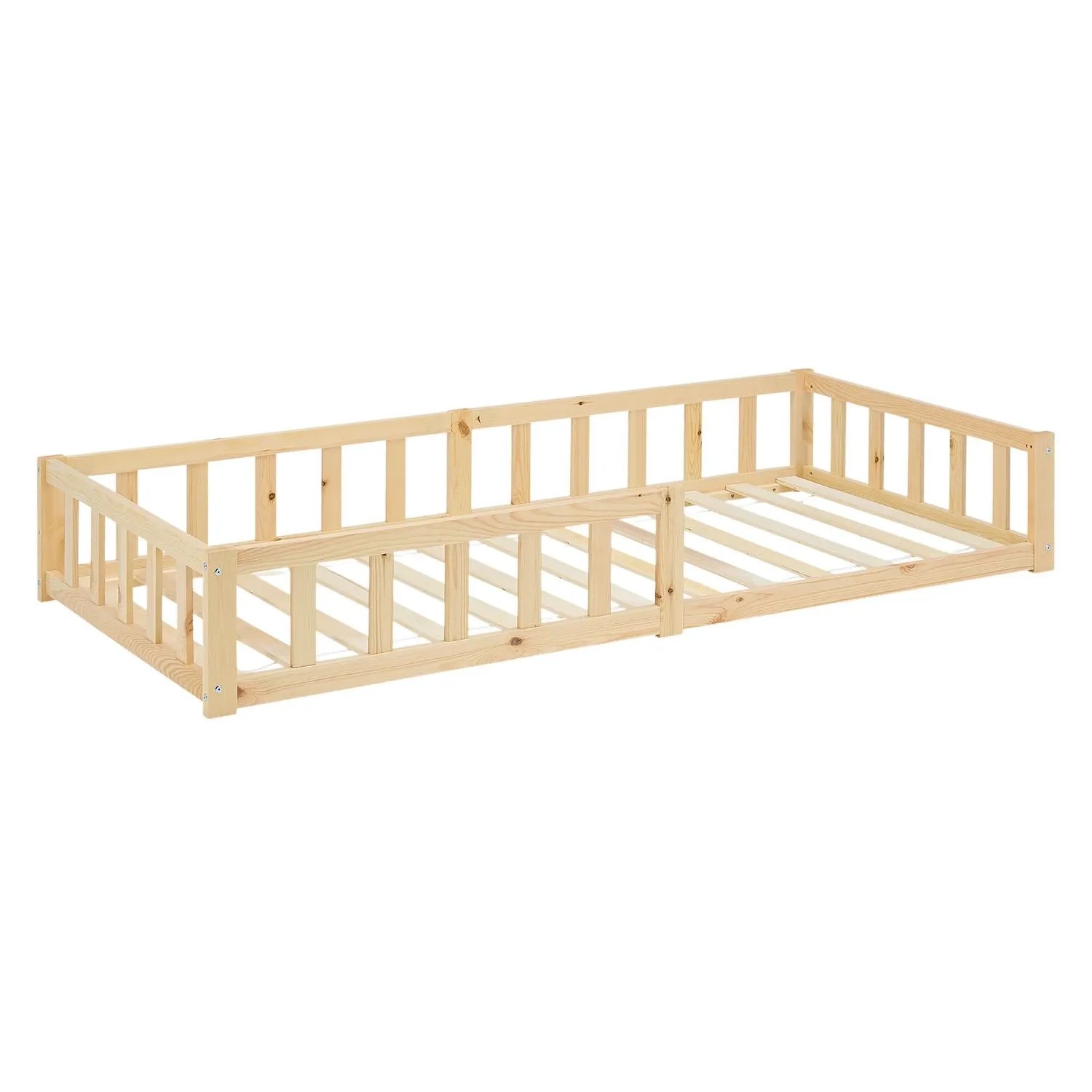 Homestyle4u Kinderbett Natur mit Rausfallschutz 90x200 cm Bodenbett Lattenrost Matratze 3025