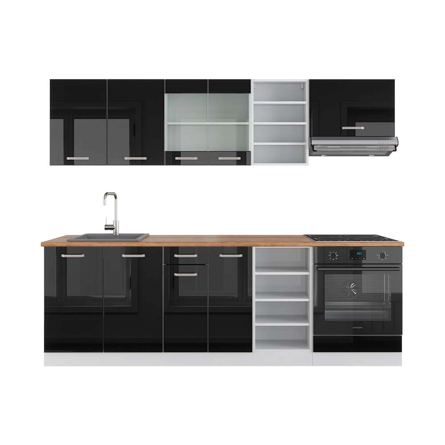 Vicco R-Line Küchenzeile Schwarz Hochglanz/Weiß 240 cm AP Eiche günstig online kaufen