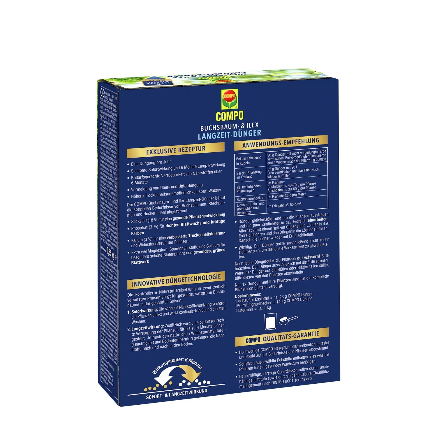 Dunkelblaue Packung Compo Buchsbaum- & Ilex Langzeit-Dünger 850g. Für dichten Blattwuchs, 6 Monate Wirkung.