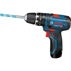 Bosch Professional Akku-Schlagbohrschrauber GSB 12V-15 C Solo mit blauem Bohrer.