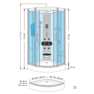 Skizze einer AcquaVapore Dampfdusche D46-53T2 90x90 mit Maßangaben. Duschtempel Details.