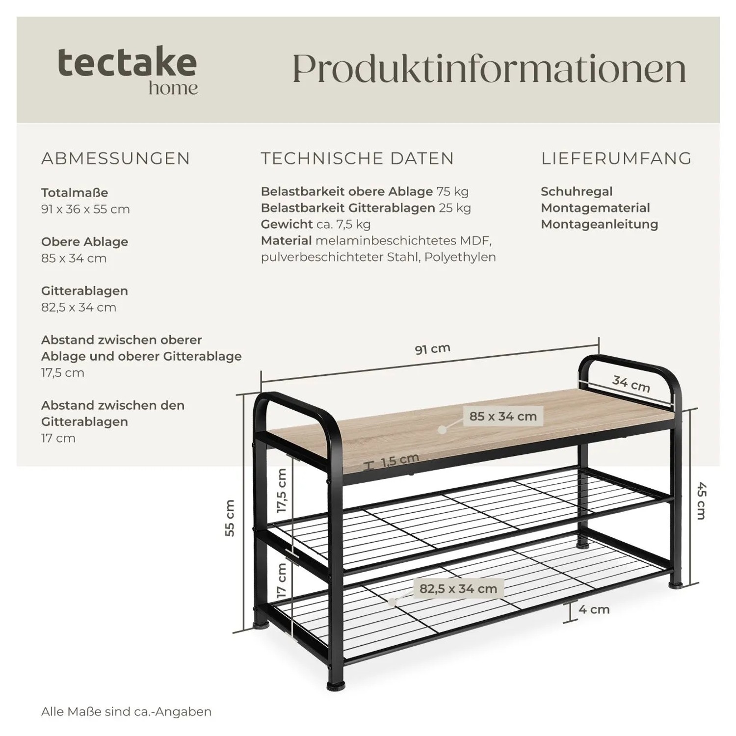 Tectake Schuhregal Southampton Industrial Style Holz und Stahl  91 x 36 x 55 cm Industrial Holz Hell  Eiche Sonoma_6