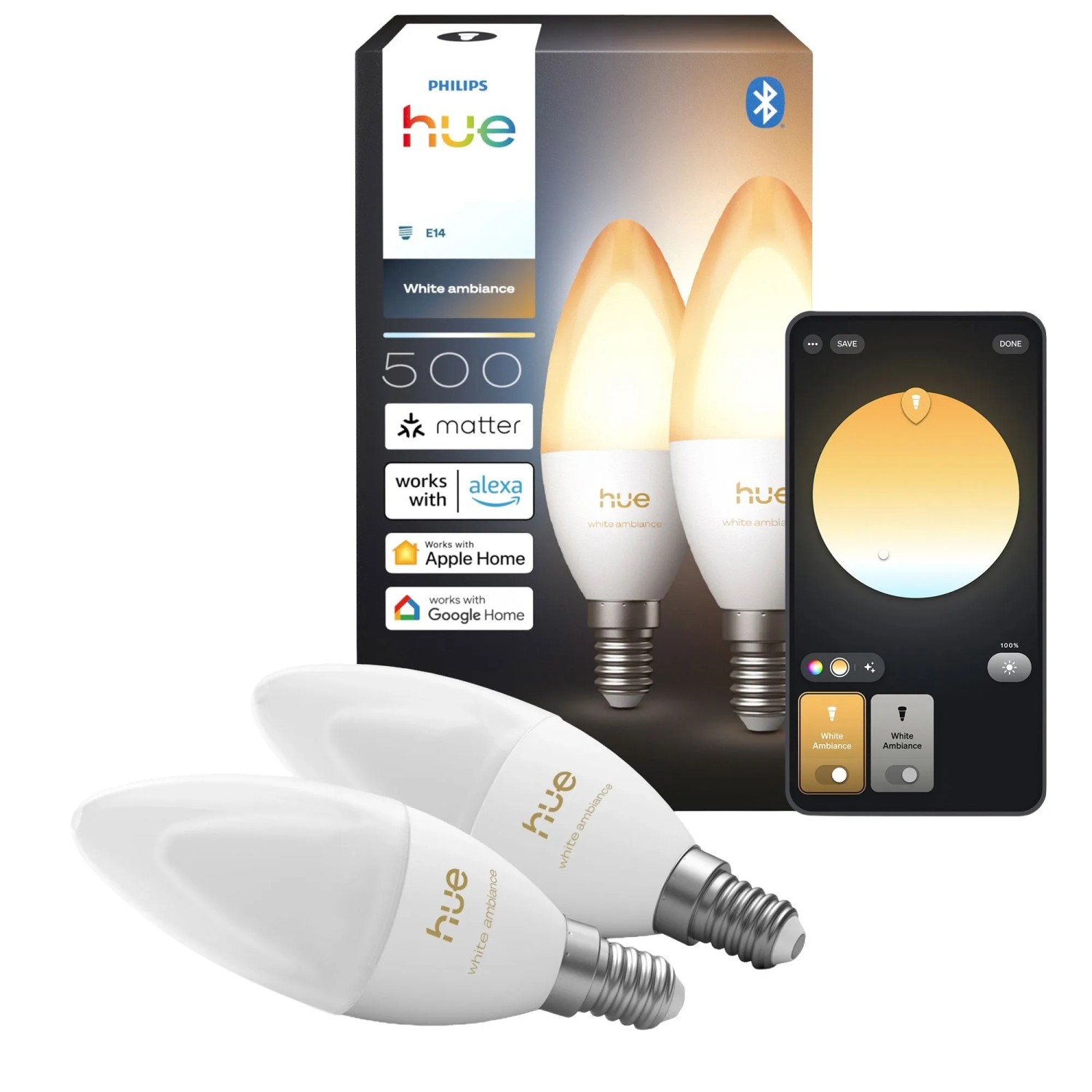 Philips Hue Leuchtmittel E14 Kerzenform 500,m 3,7 W 2er Set