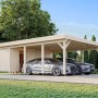 Palmako Carport Karl mit Geräteraum, naturbelassenes Holz, zwei geparkte Autos.