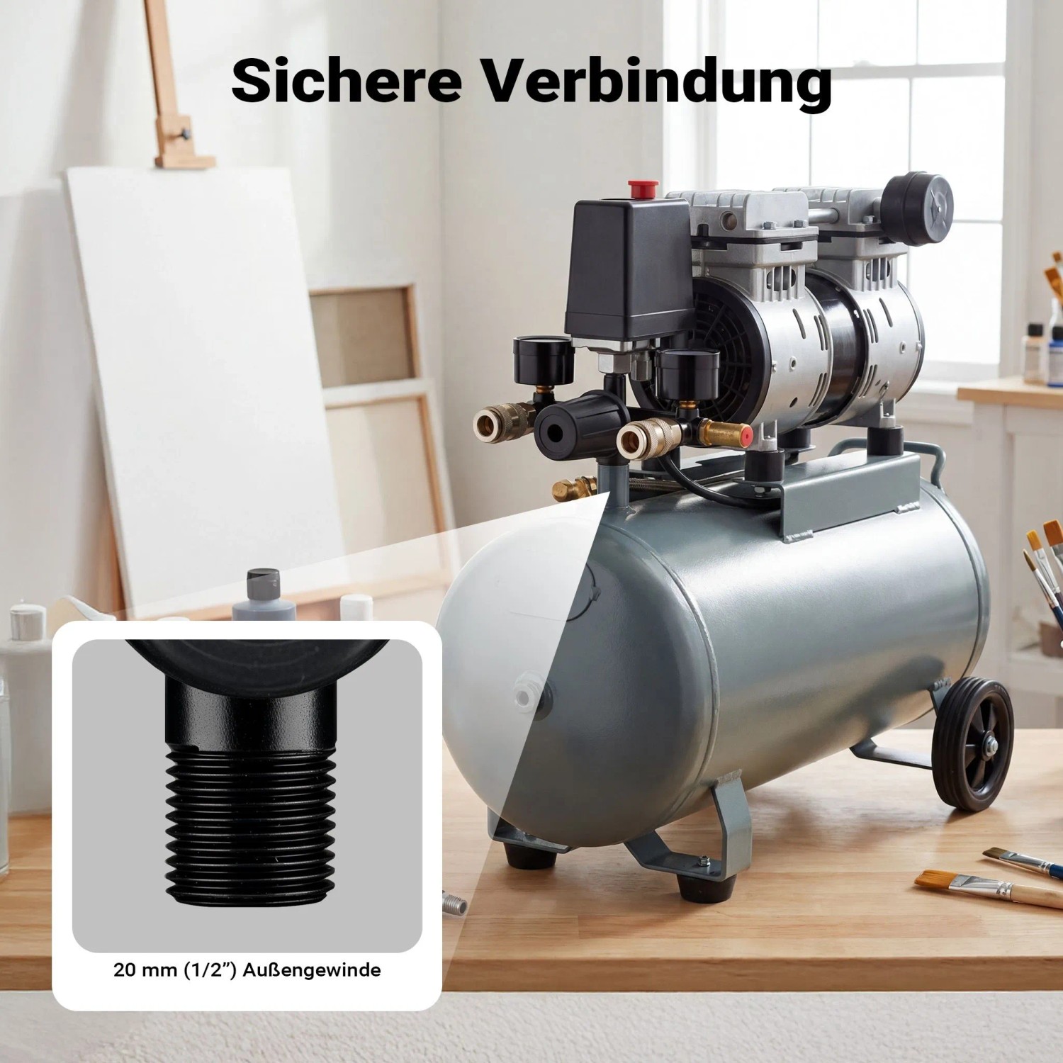 Wiltec Druckregler für Kompressor mit 2 Manometern, Schnellkupplungen. Detail des 1/2 Zoll Außengewindes für sichere Verbindung.