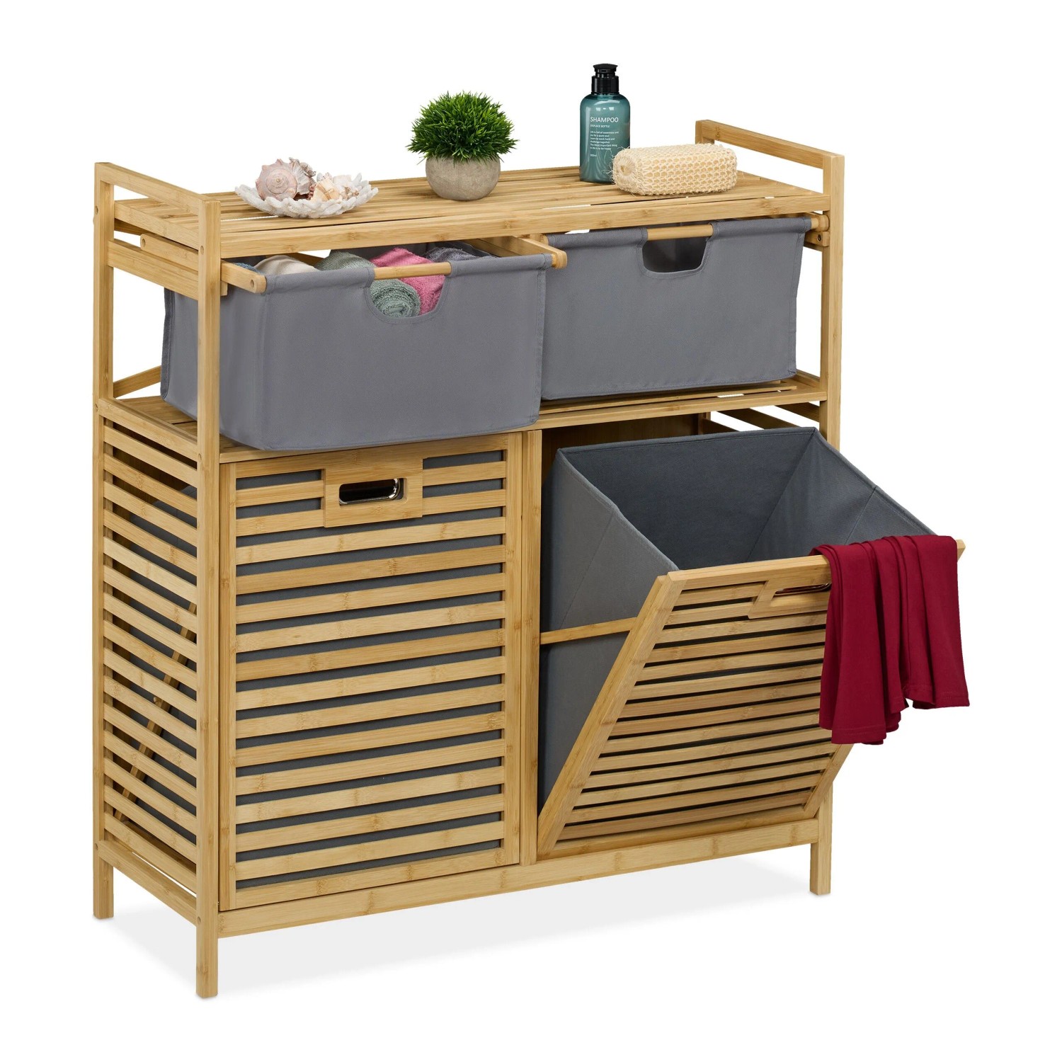 Relaxdays Wäschekorbregal Bambus Polyester Natur Grau Kippbar Mit Ablage 2 Schubladen 95 cm x 88 cm x 33 cm 12 kg