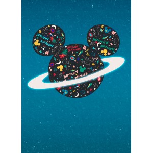 Komar Vliesfototapete: Planet Mickey im Comic-Stil mit Saturnring auf blauem Sternenhimmel.