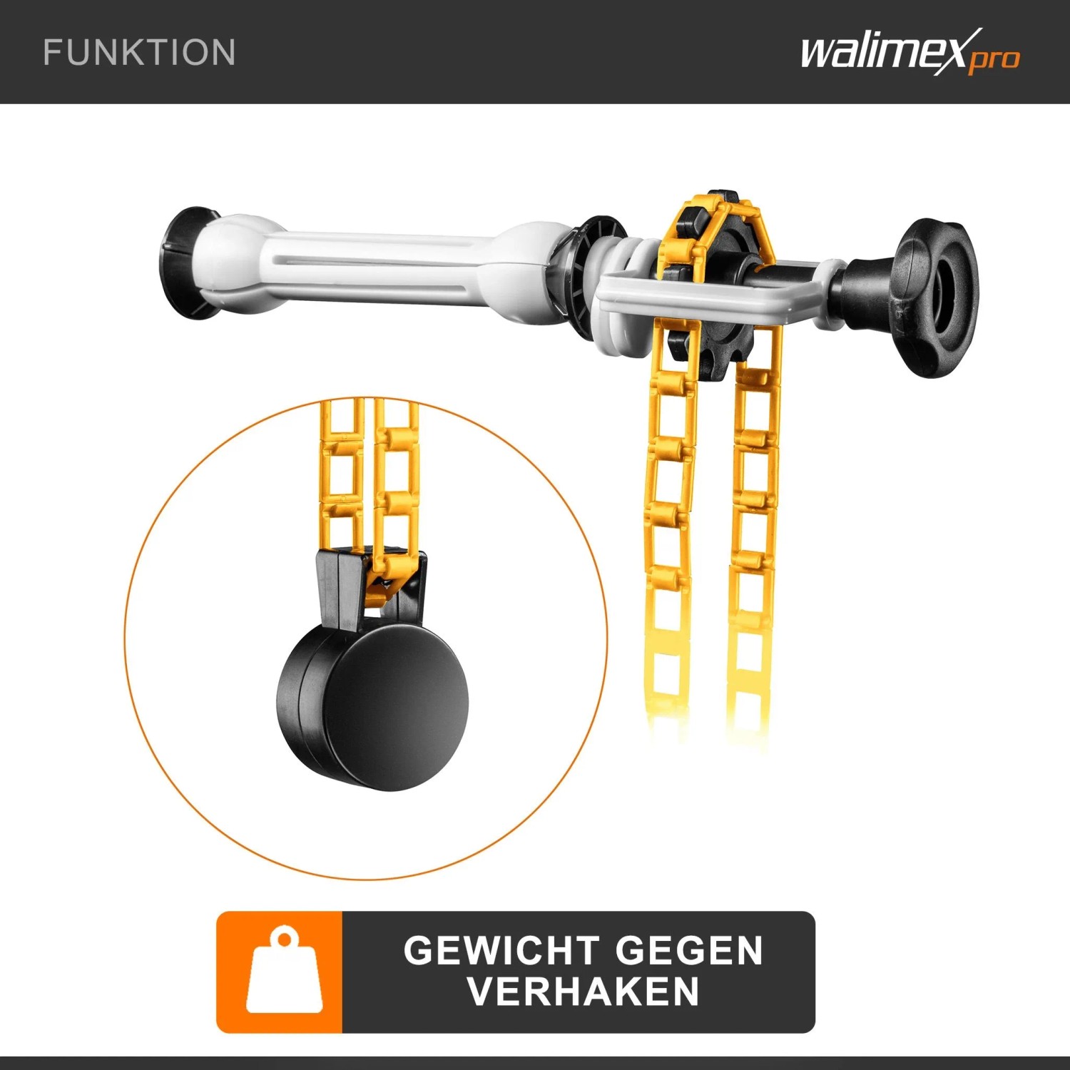 Walimex Hintergrundexpan mit gelber Kette und schwarzem Gewicht. Verhindert Verhakungen bei Fotohintergründen.
