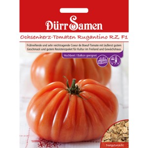 Dürr Samen Ochsenherz-Tomaten Rugantino RZ F1 Saatgutpackung mit Tomaten.