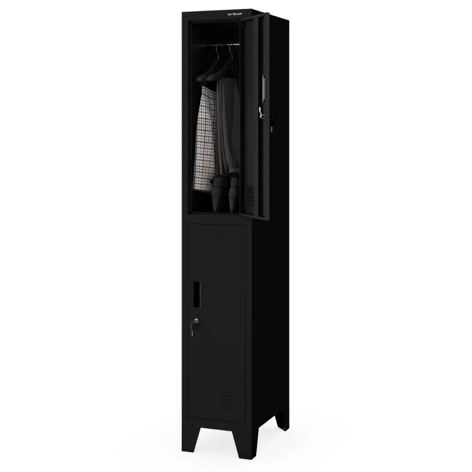 JAN NOWAK Umkleideschrank Spind BARTEK 2 Abteile Etikettenhalter Lüftungsschlitze Umkleidespind Schließfachschrank 172x29,2x45cm Schwarz