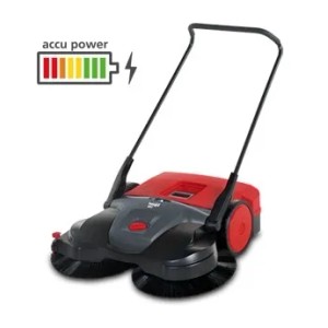 Starmix Haaga 697 Akku Kehrmaschine für Profis: Rot-graue Kehrmaschine mit Akku-Anzeige.