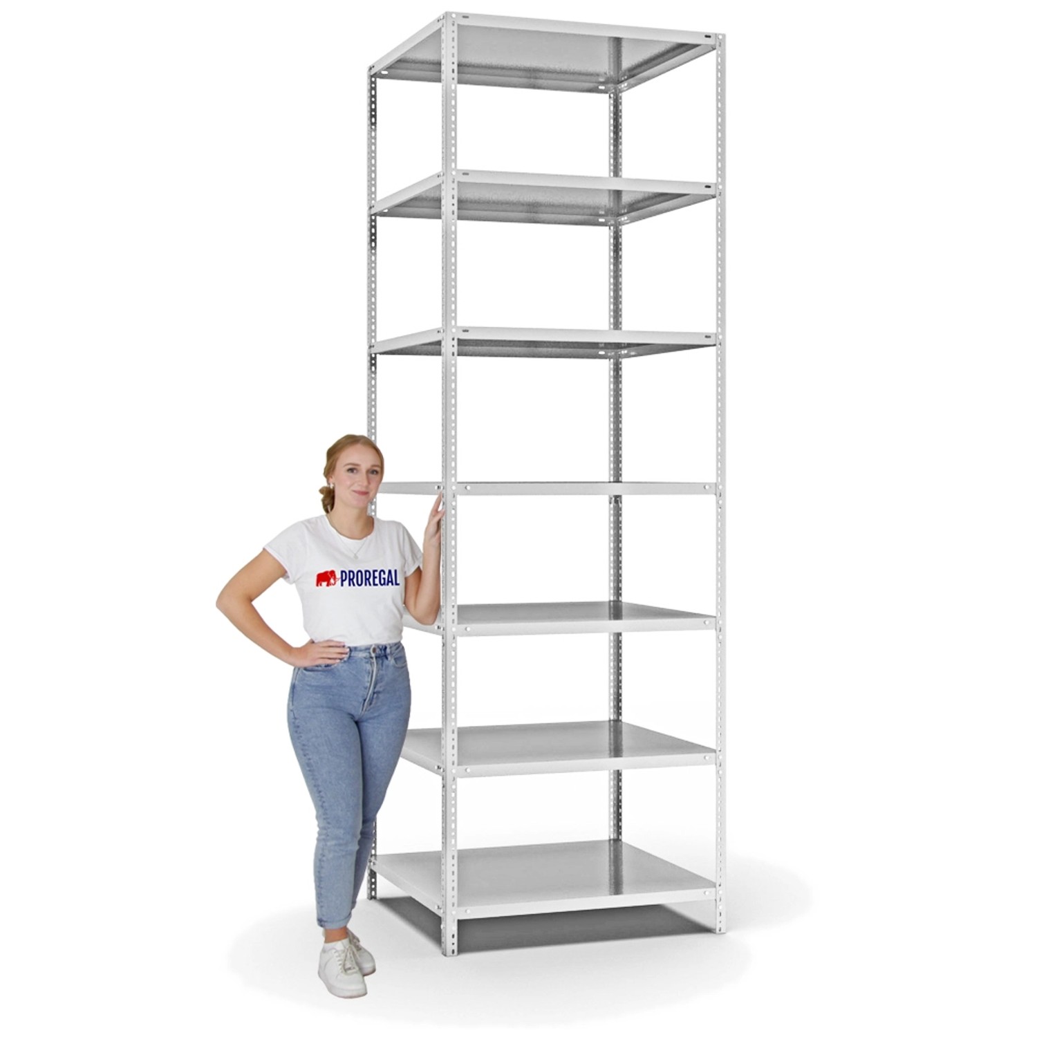 PROREGAL Fachbodenregal, Schraubsystem, 7 Böden, lichtgrau, beidseitig nutzbar.