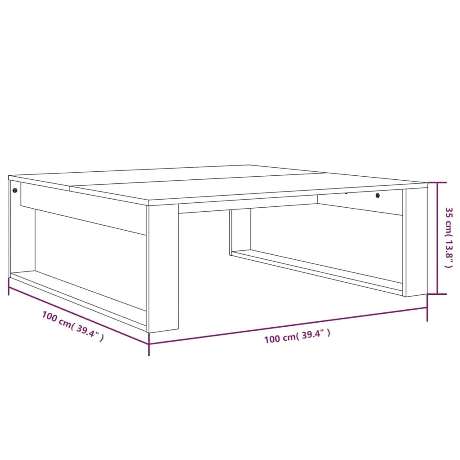 Quadratischer Couchtisch in Räuchereiche Optik, 100x100x35 cm, aus Holzwerkstoff.