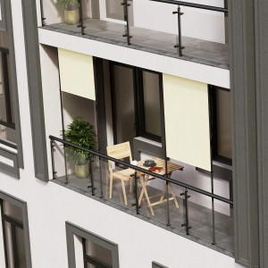 Beige Juskys Senkrechtmarkise Barbados 120x310 cm am Balkon mit Tisch und Stuhl.