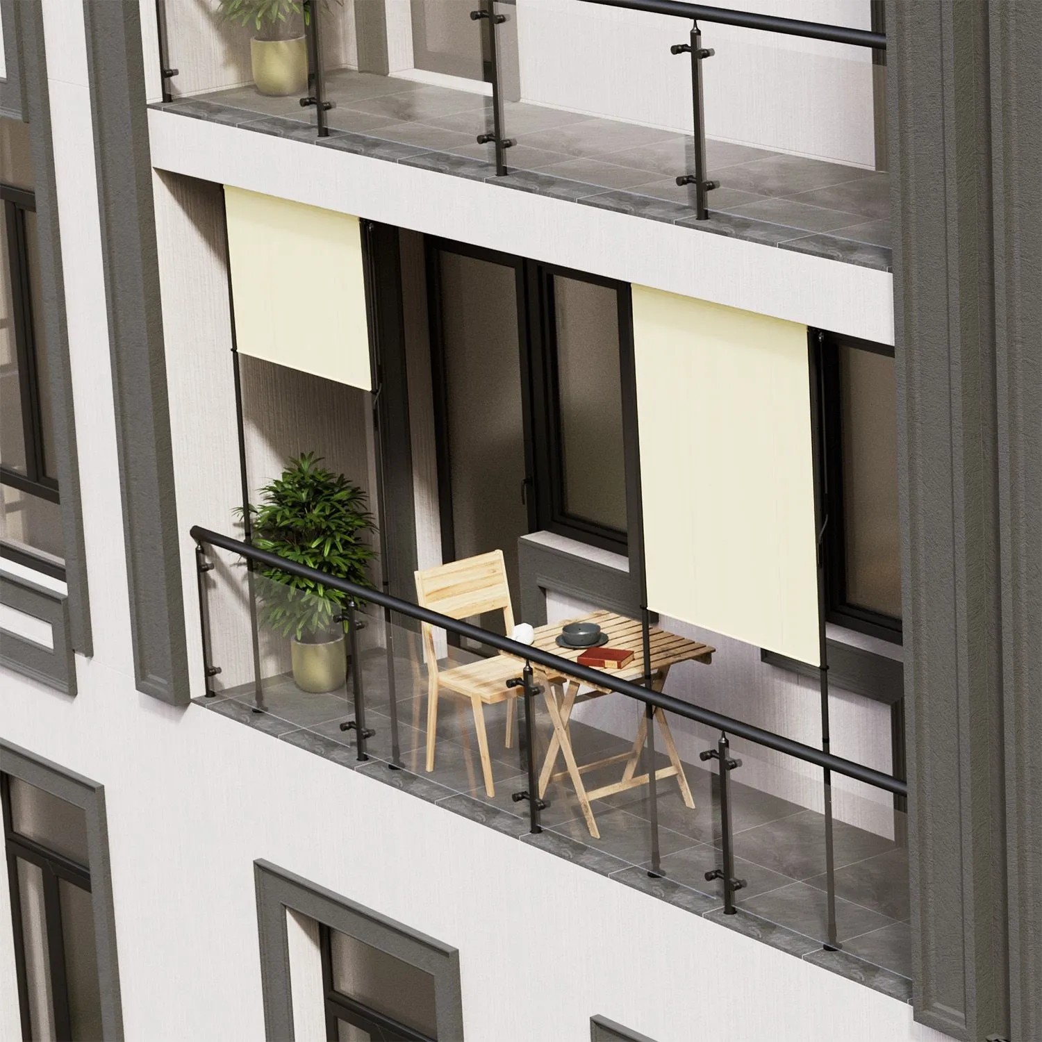 Beige Juskys Senkrechtmarkise Barbados 120x310 cm am Balkon mit Tisch und Stuhl.