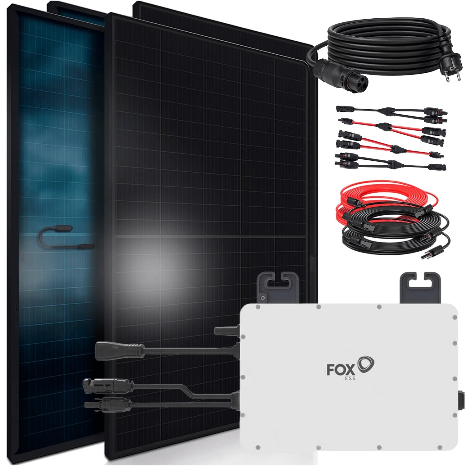 SUNNIVA Balkonkraftwerk 1840 W mit FOX ESS 800 W Wechselrichter inkl.5m Kabel 4x 460 W Solarmodule Bifazial Fullblack Glas-Glas