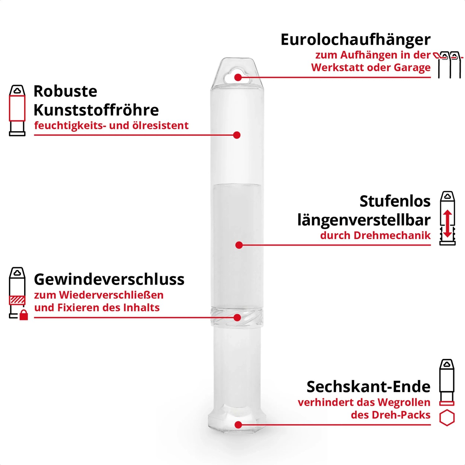 Einhell Meißel-Set Expert SDS Max in transparenter, längenverstellbarer Kunststoffröhre mit Eurolochaufhänger.