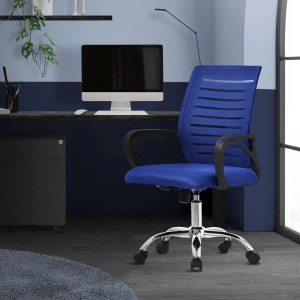 Blauer, ergonomischer ML-Design Bürostuhl mit Netzrückenlehne und verstellbarer Höhe.