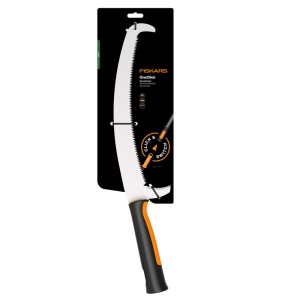 Fiskars Wertastungssäge OneClick, orange-schwarz, mit gebogener Klinge und Hakenende für Kombisysteme.