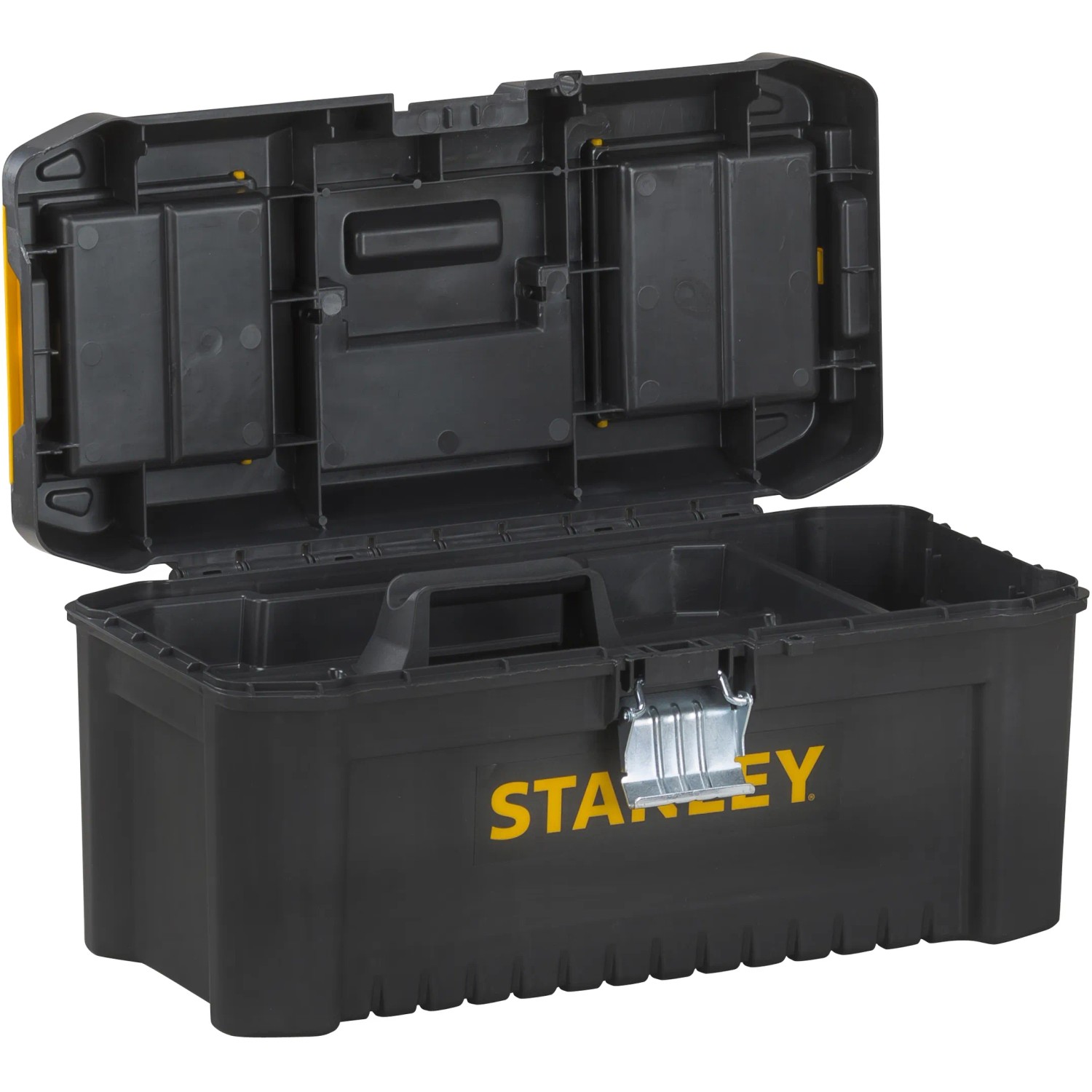 Geöffnete Stanley Kunststoffbox Essential 16 Zoll. Werkzeugkoffer mit Organizer und Metallschließen.