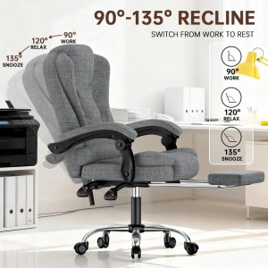 Grauer ergonomischer Bürostuhl mit hoher Rückenlehne, verstellbarer Neigung (90°-135°) und ausziehbarer Fußstütze.