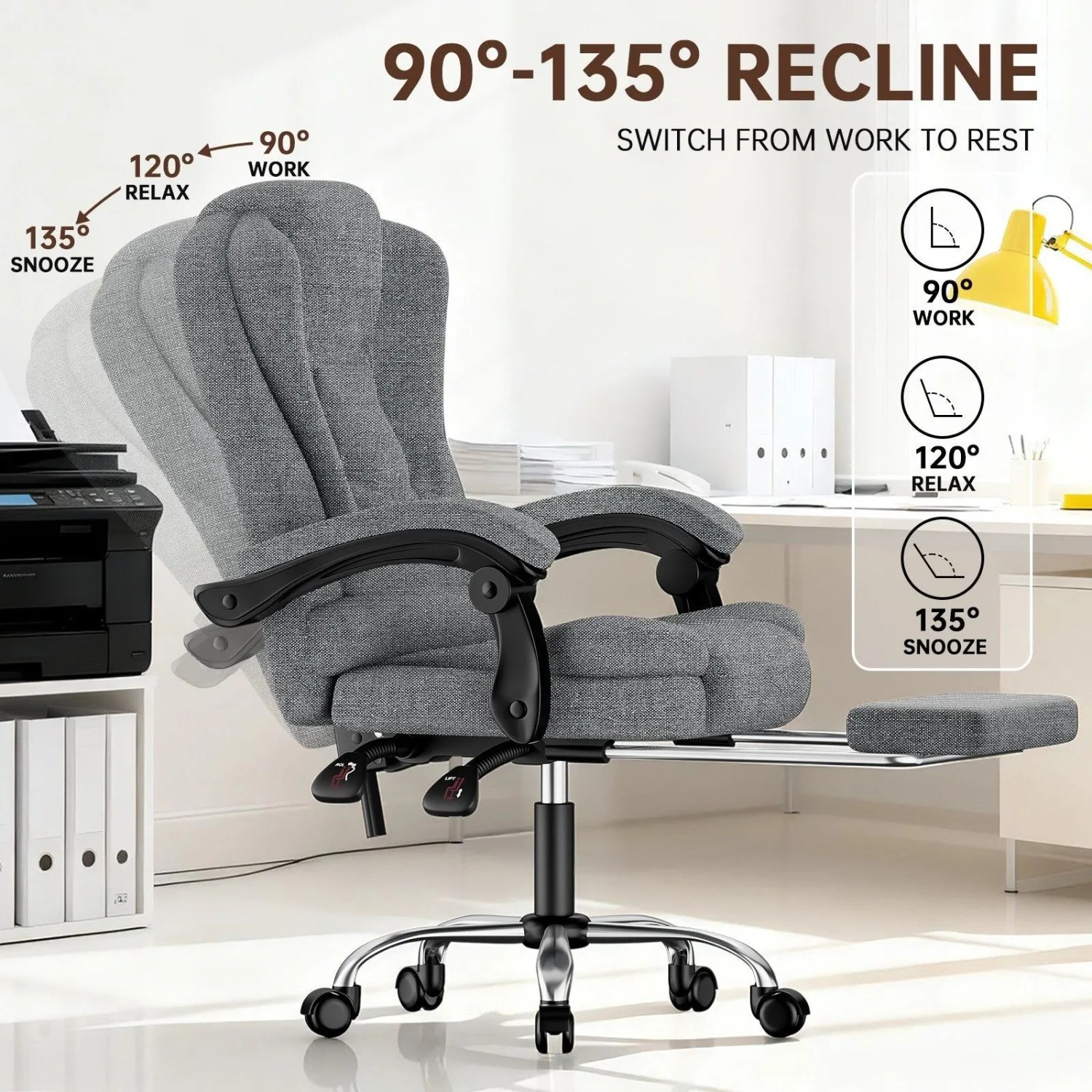 Grauer ergonomischer Bürostuhl mit hoher Rückenlehne, verstellbarer Neigung (90°-135°) und ausziehbarer Fußstütze.