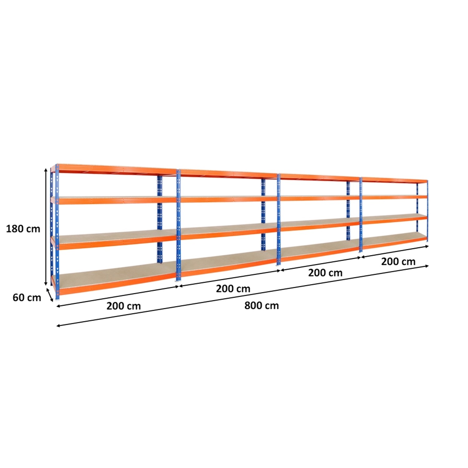 PROREGAL Mega Deal: 4 blaue Schwerlastregale (180x200x60cm) mit 4 Spanplatten-Ebenen.