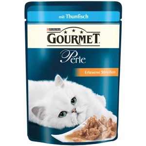 Gourmet Perle Katzen-Nassfutter mit Thunfisch, feine Streifen in Sauce, 85g Packung.