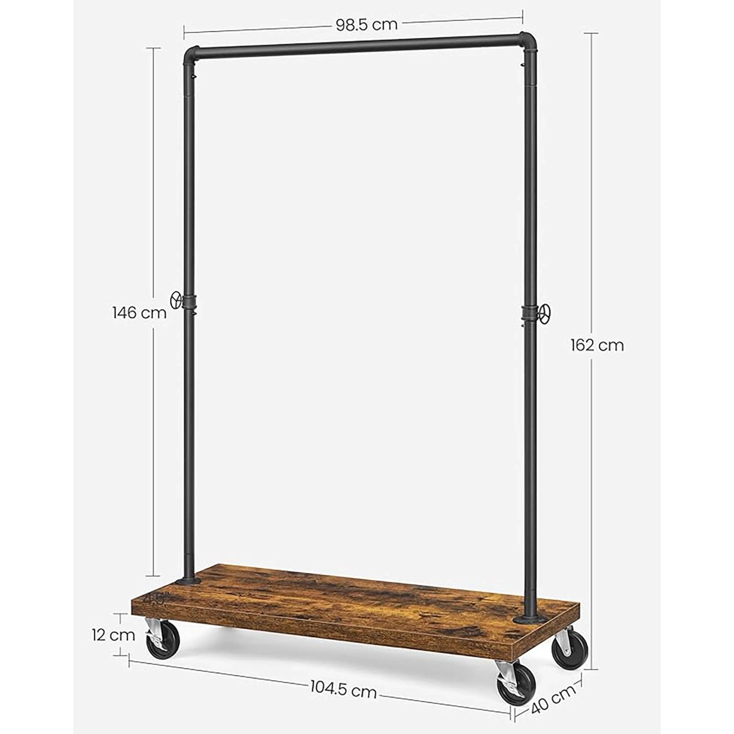 Songmics Kleiderständer Dalson mit Rollen, Ablage in Braun-Schwarz. Moderner Herrendiener im Industrie-Design.