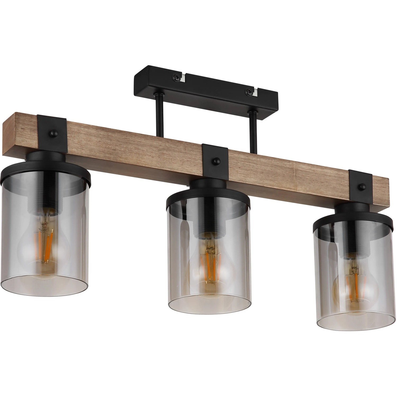 Globo Deckenleuchte, 3-flammig, schwarz matt, Rauchglas, Holz, modernes Design.