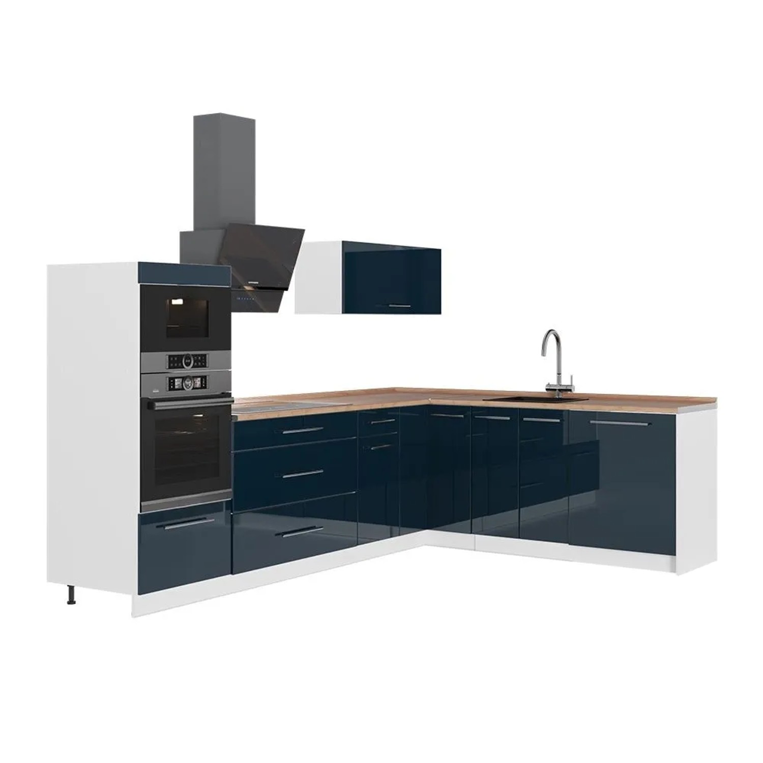 Vicco Eckküche Fame-Line Dunkelblau Hochglanz/Weiß 287 x 154 AP Eiche Art Nr 63539