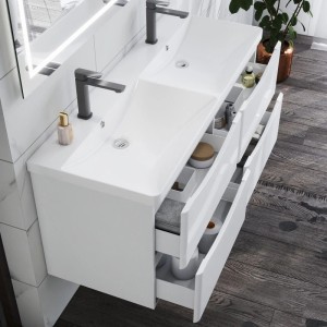 AICA Badmöbel-Set, 120 cm, mit Waschtisch, Unterschrank, Schubladen und Softclose in Hochglanz Weiß.