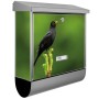 Edelstahl Briefkasten mit Vogel Motiv und Zeitungsfach. Moderner Wandbriefkasten für den Außenbereich.