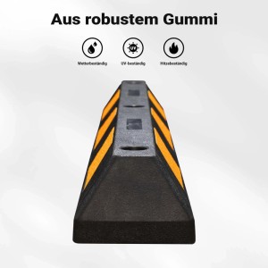 Robuster schwarzer Gummi Radstopper mit gelben Reflexstreifen. Wetter-, UV- und hitzebeständige Einparkhilfe.