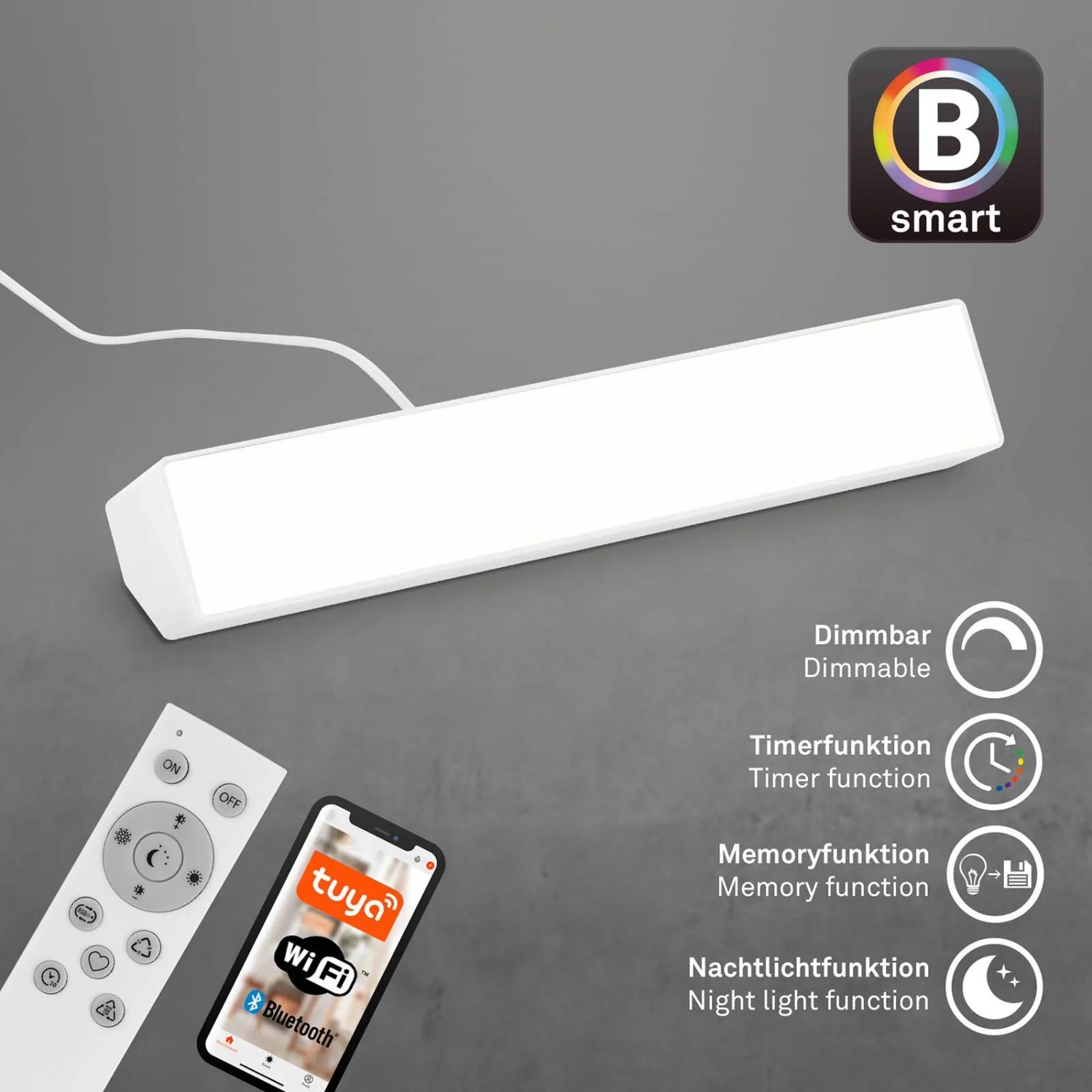 Weiße, dimmbare Brilo LED-Tischleuchte Muro S B-Smart mit Fernbedienung und App-Steuerung.