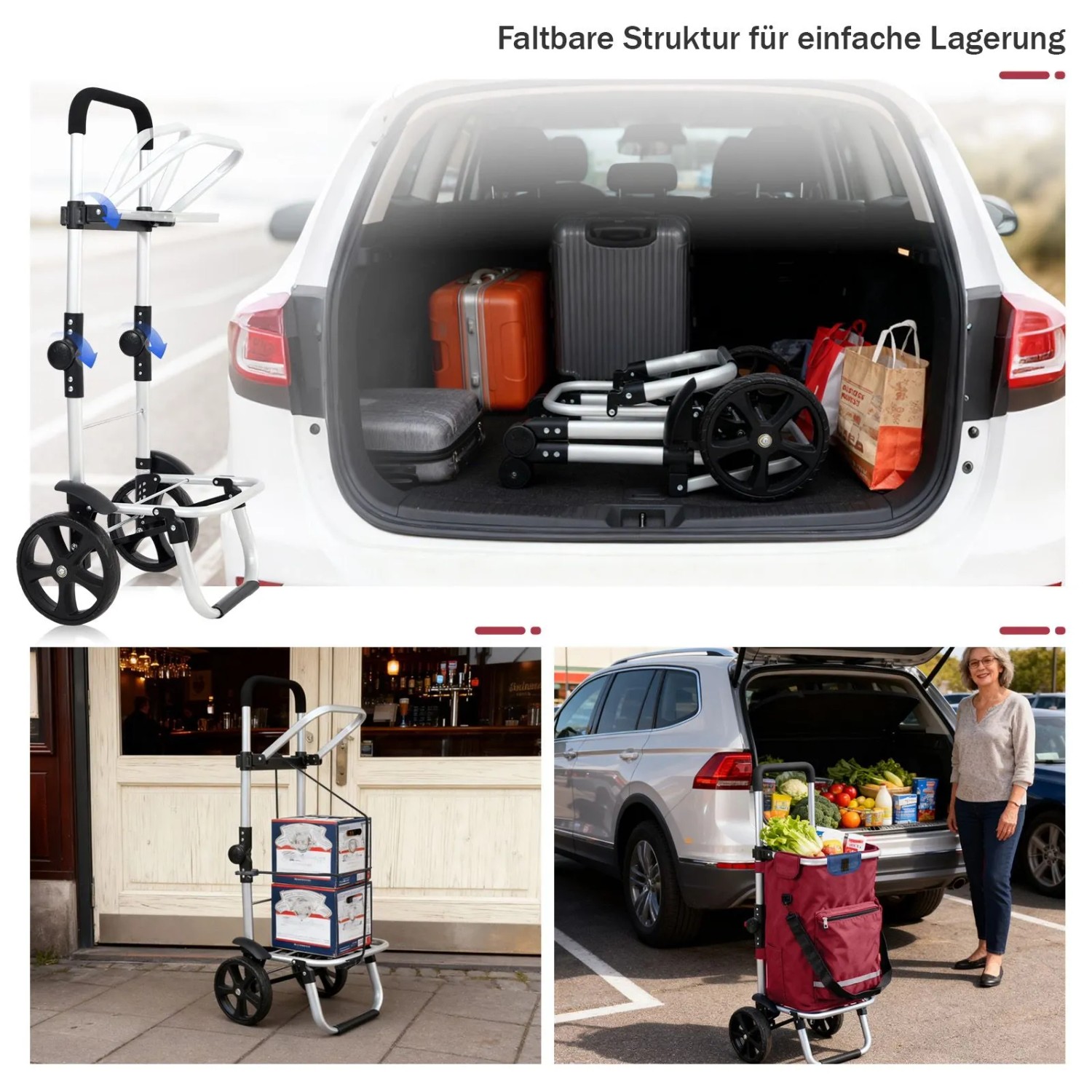 Sekey 3-in-1 Einkaufstrolley rot: Faltbarer Trolley für Einkäufe, Transport im Auto und Nutzung mit Kühlfach.
