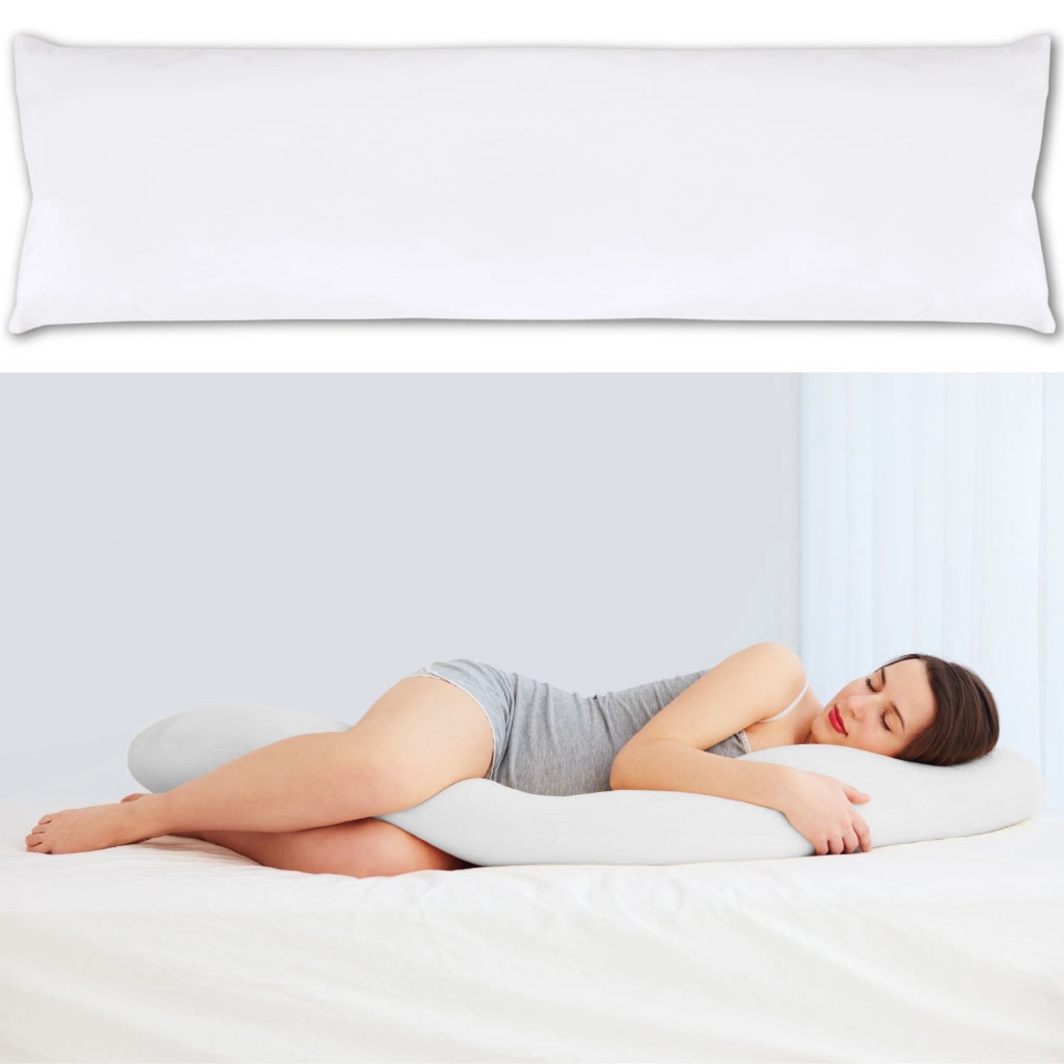 Bestlivings Seitenschläferkissenhülle, 40x140 cm, Weiß. Frau schläft mit Kissen.