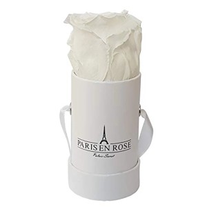 Weiße Rose in runder, weißer Rosenbox (Ø 5 cm) mit Trageband.