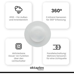 Oktaplex Pia Präsenzmelder: 360° Bewegungsmelder für Innen & Außen, IP65, weiße Deckenleuchte.