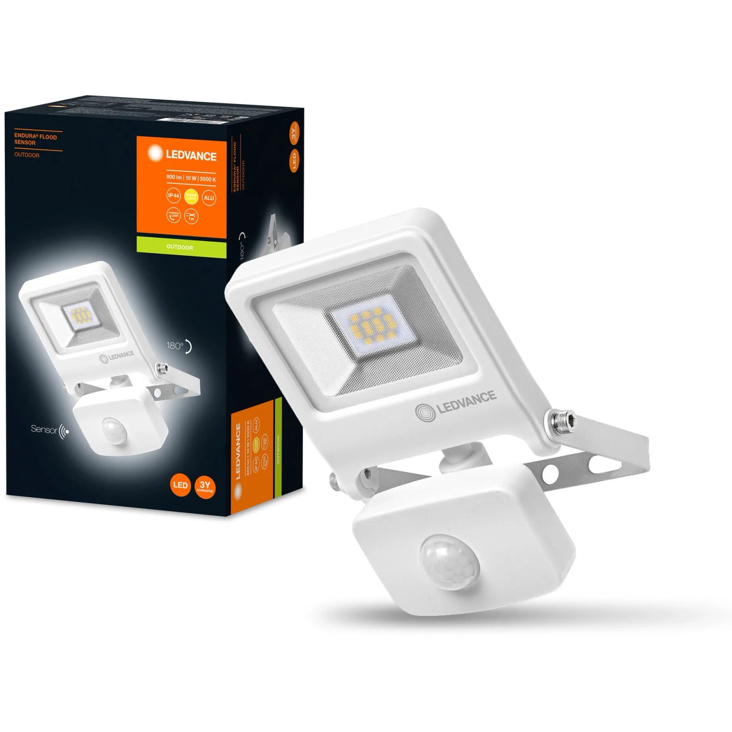 Weiße Ledvance LED-Außenleuchte Endura Flood mit Sensor, 10W, 3000K. LED-Strahler für den Außenbereich.
