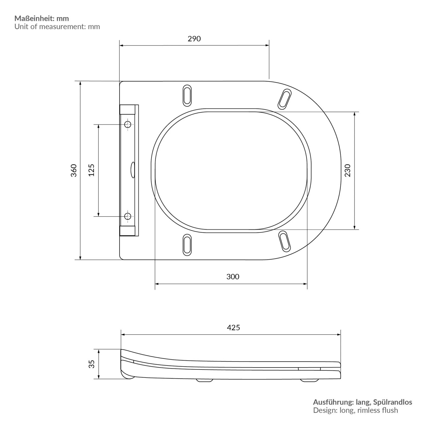 Technische Zeichnung LuxeBath Hänge-WC-Sitz mit Maßen. Aufsicht und Seitenansicht des spülrandlosen WCs.