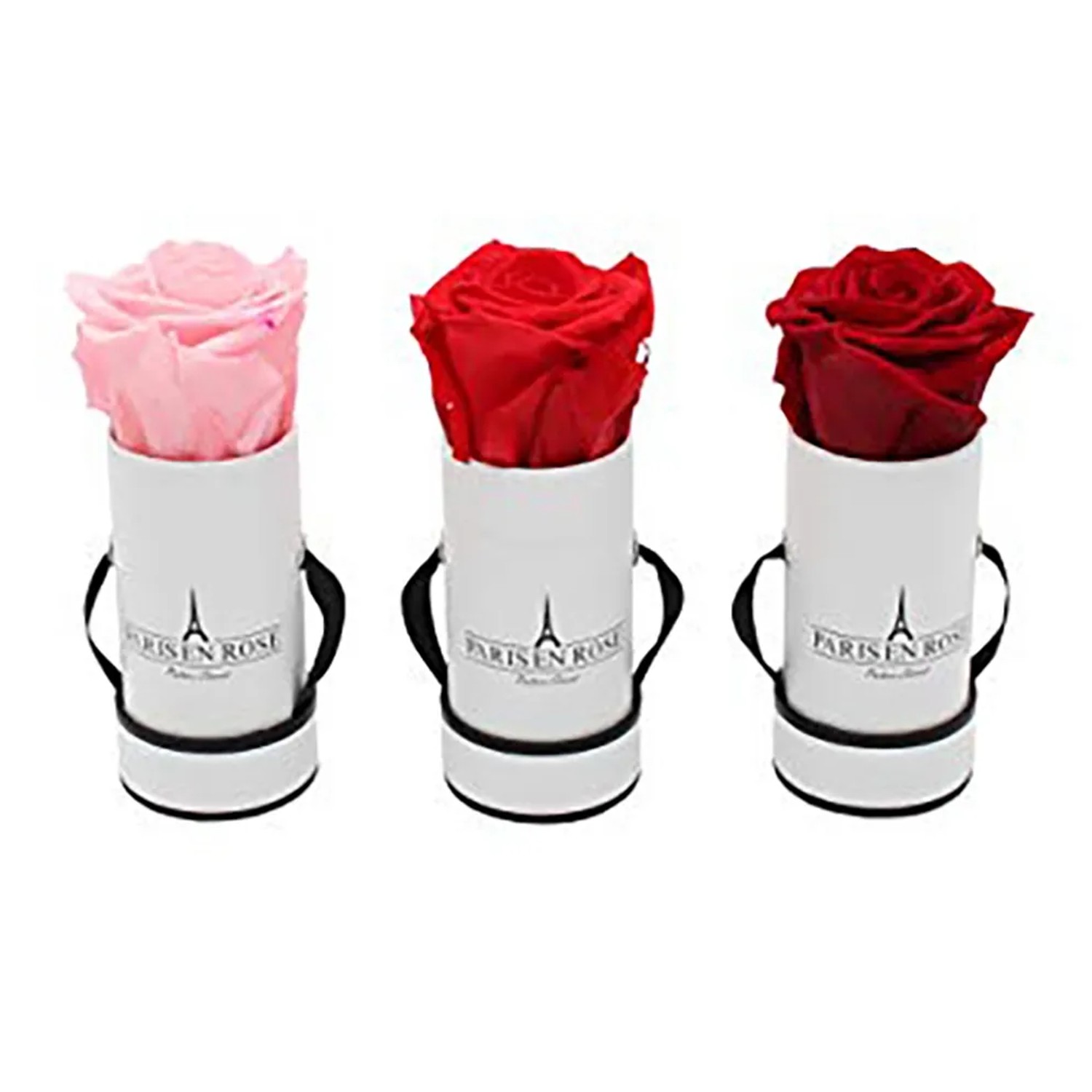 Rosenbox mit ewigen Rosen in Weiß-Schwarz und Bordeaux, Blumenstrauß