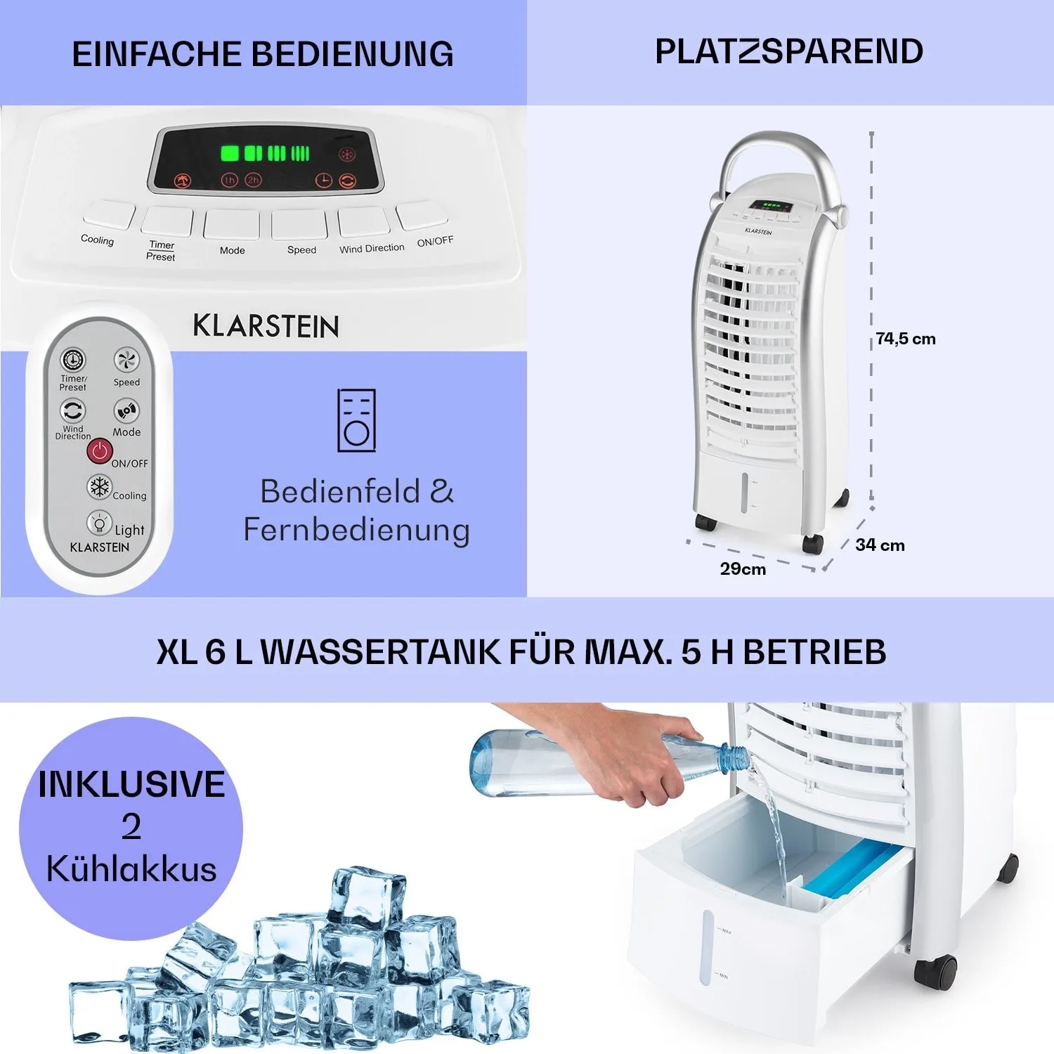 Klarstein Maxfresh Luftkühler: 4-in-1 Ventilator mit 6L Tank, Kühlakkus und Fernbedienung.