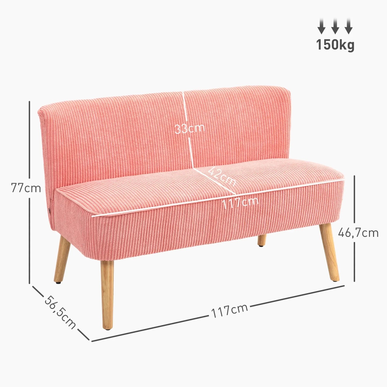 Rosa 2-Sitzer Sofa (117cm) von HOMCOM mit Holzbeinen. Ideal für Wohnzimmer. Gemütlich und stilvoll.