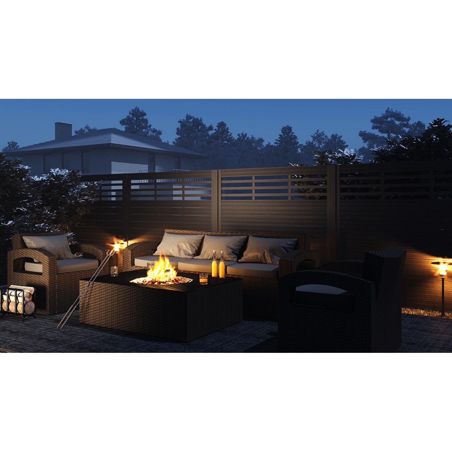 Anthrazitfarbener Sichtschutzzaun Soho (180x180cm) im Gartenambiente mit Lounge-Möbeln.